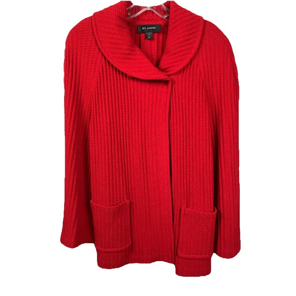 Sz 14 St John Fa09 2009 Red Wrap Swing Suit Jacket Shawl Collar Ribbed Knit